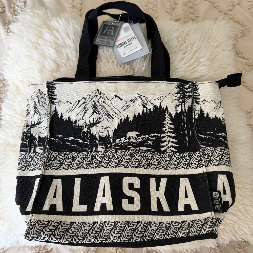 Robin Ruth Alaska Canvas Tote Bag Black White Scenic Moose Bear Print NWT